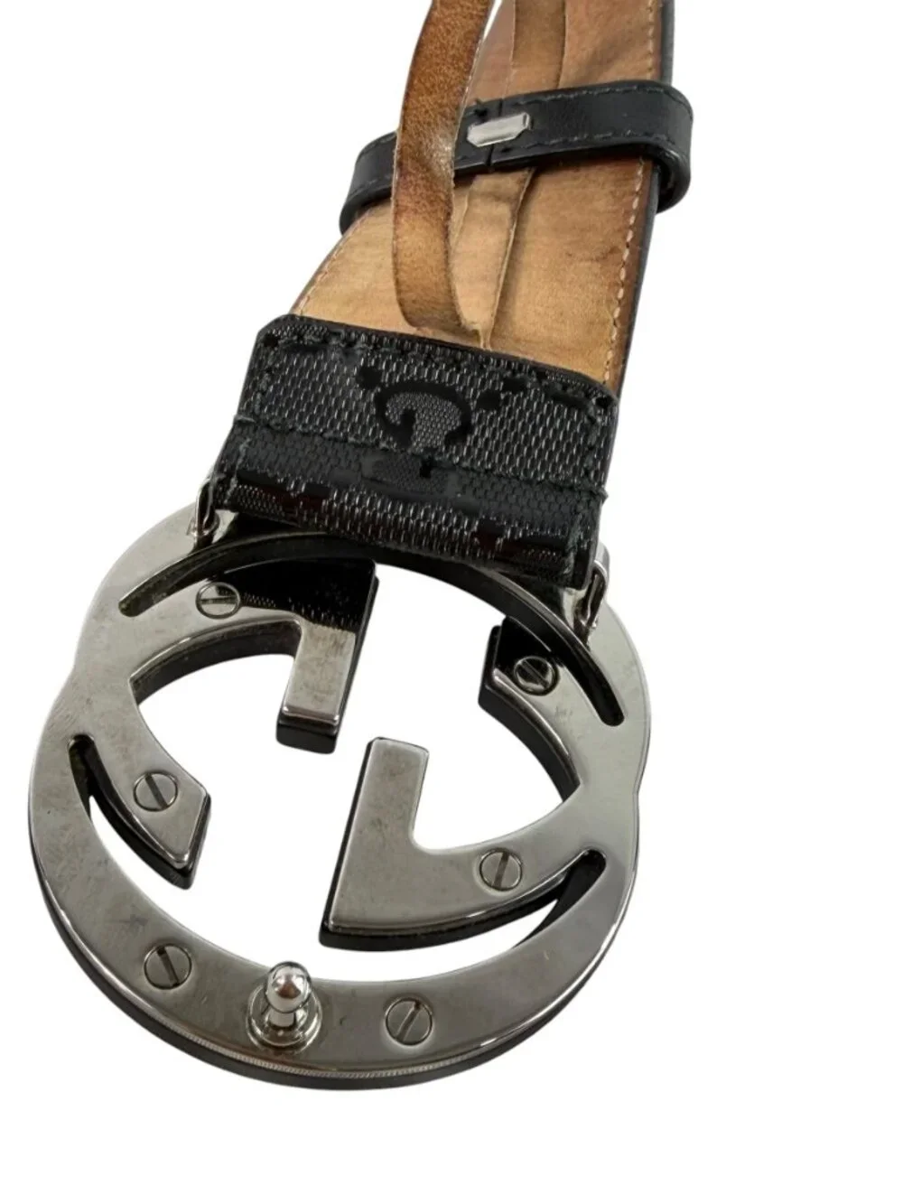 GUCCI Black Canvas & Leather Supreme GG Interlocking Buckle Mens Belt 90/36